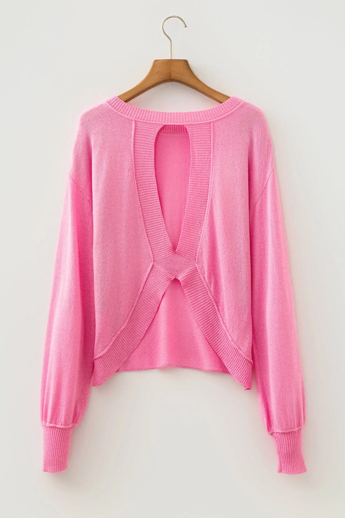 Pink Drop Shoulder Round Neck Long Sleeve Backless Pullover Sweater back hanging view · nz-alt-v1