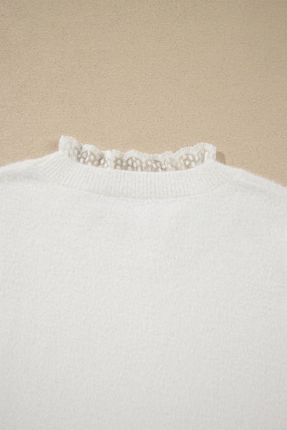 White Lace Trim Neck Cuff Patchwork Long Sleeve Pullover Sweater