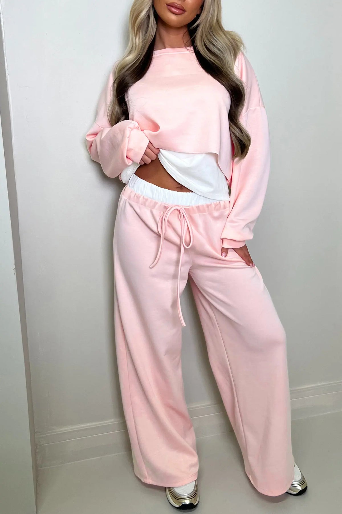 Color Contrast Overlay Long Sleeve Top Drawstring Loose Pant Set