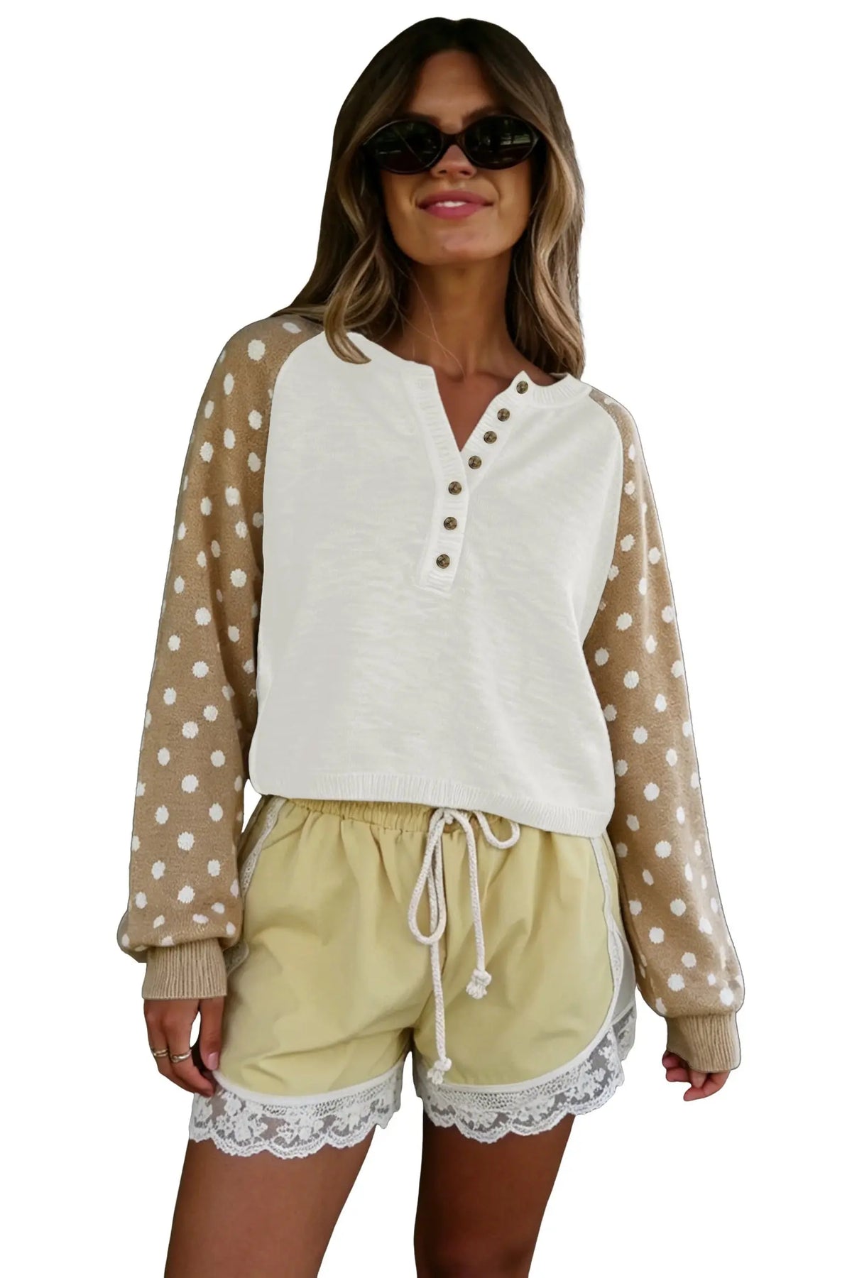 Khaki Polka Dot Contrast Long Sleeve Button V Neck Sweater model front view · nz-alt-v1