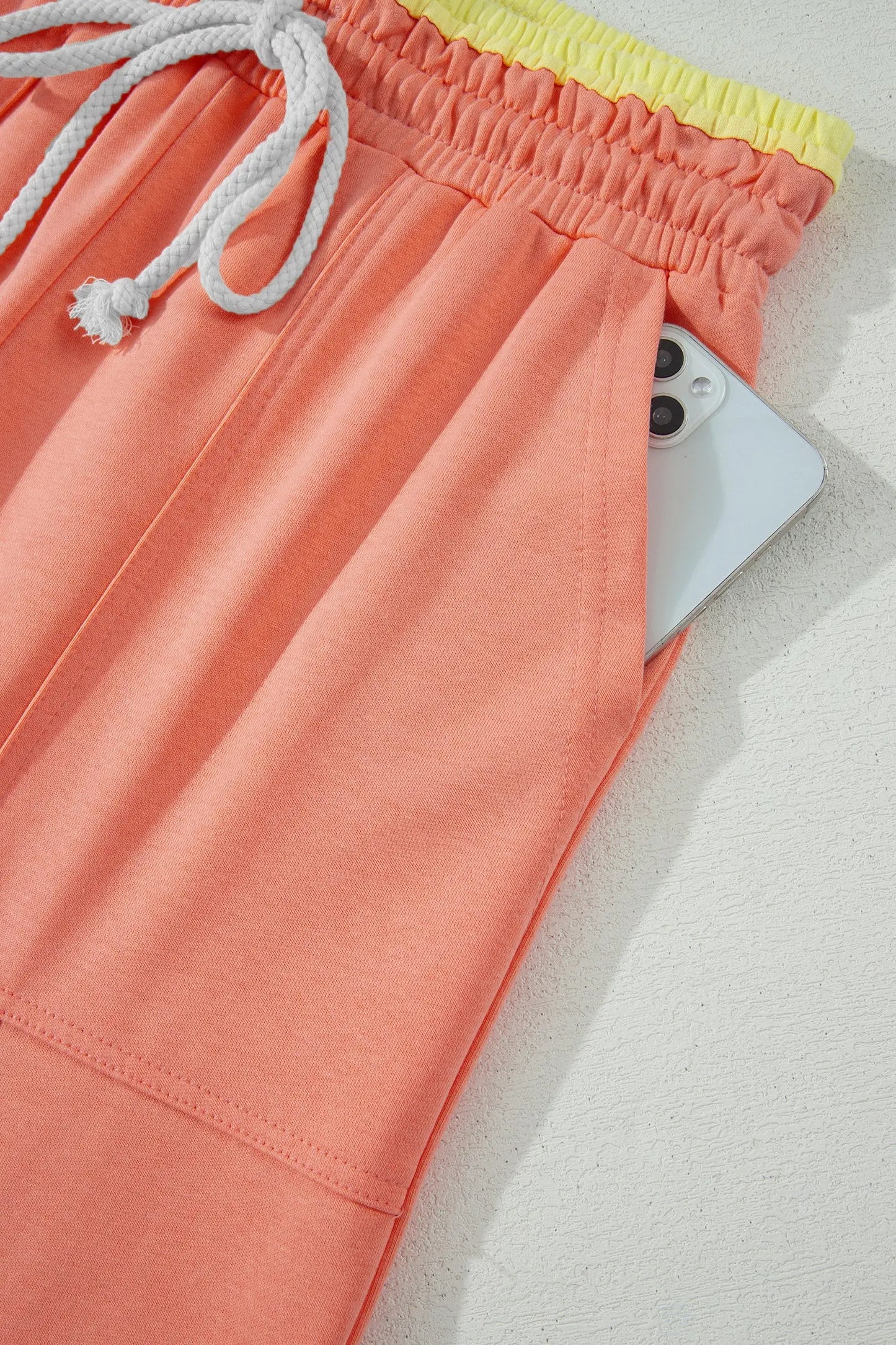 Grapefruit Orange Color Block Flower Patchwork Drawstring Contrasted Elastic Waist Wide Leg Pants Nataliz