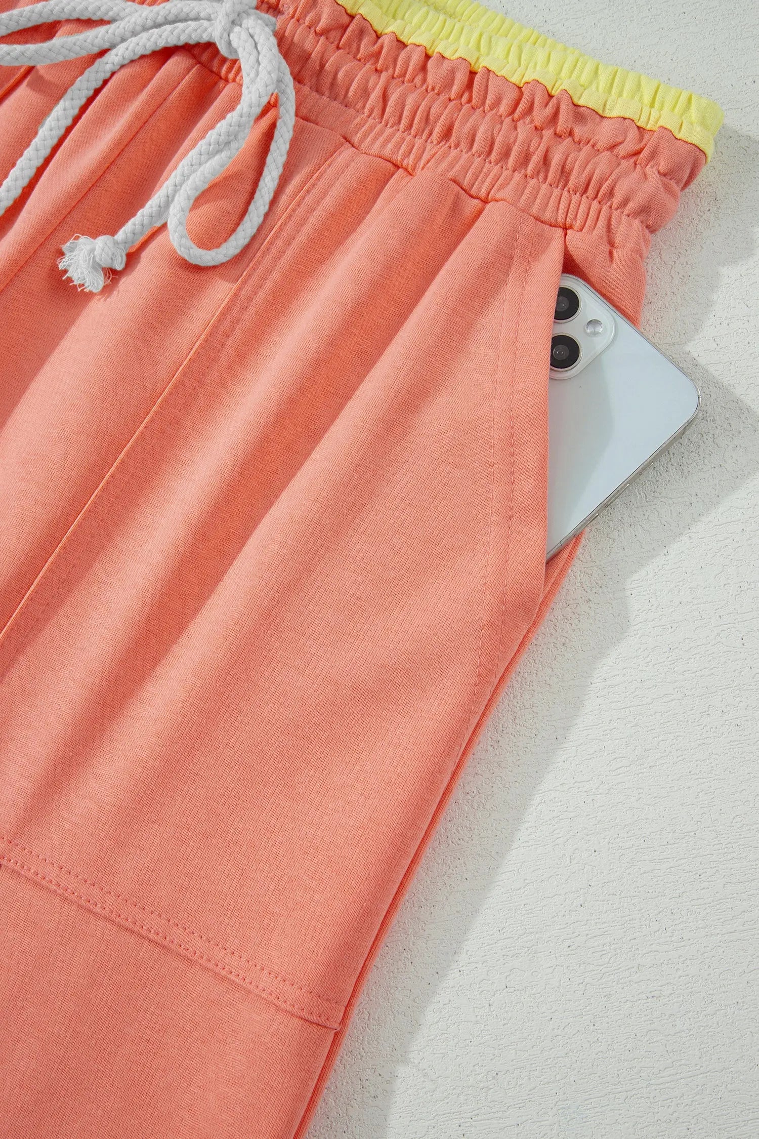 Grapefruit Orange Color Block Flower Patchwork Drawstring Contrasted Elastic Waist Wide Leg Pants Nataliz