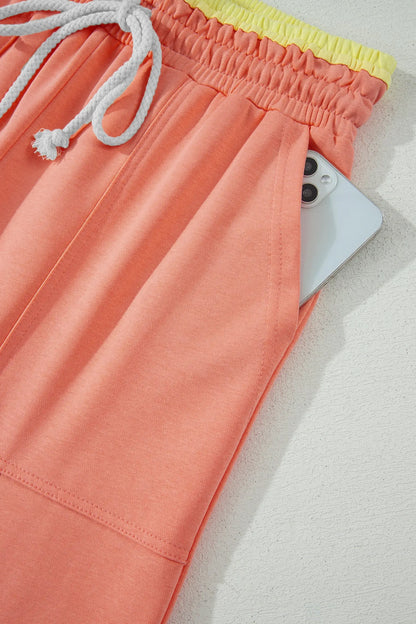 Grapefruit Orange Color Block Flower Patchwork Drawstring Contrasted Elastic Waist Wide Leg Pants Nataliz