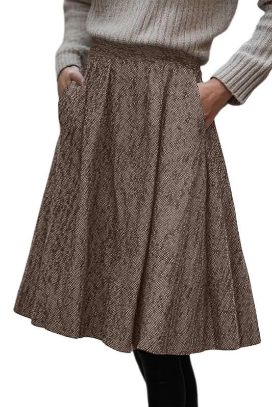 Brown Solid Color Textured Pleated Midi Skirt
