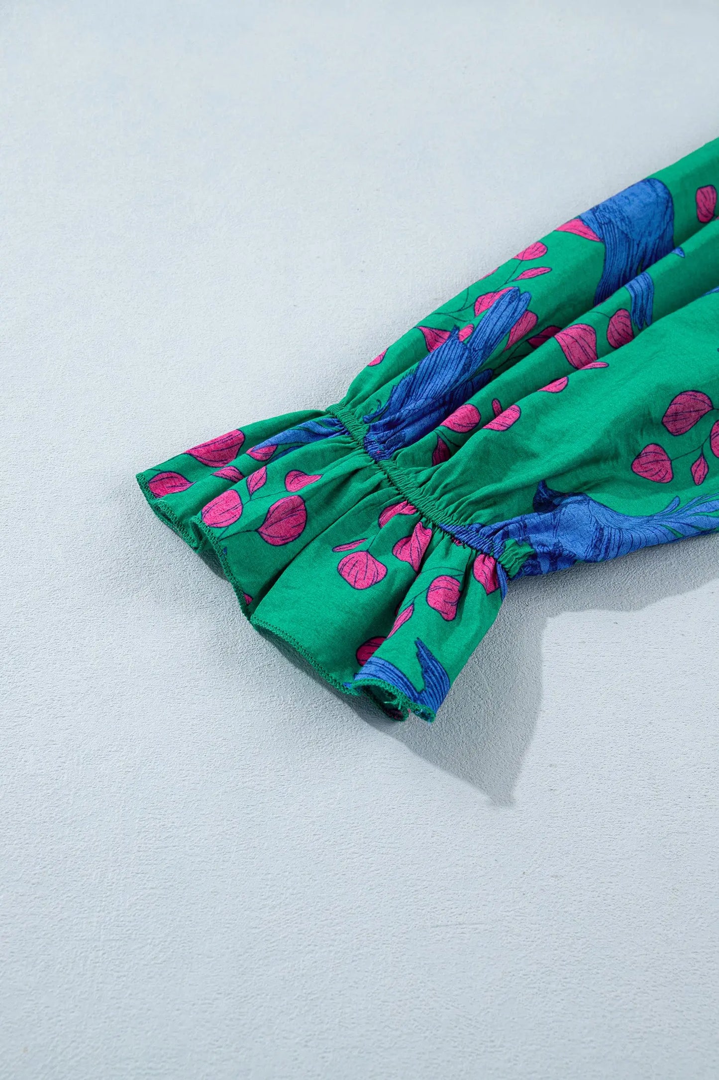 Green Abstract Print V Neck Flounced Puff Sleeve Blouse