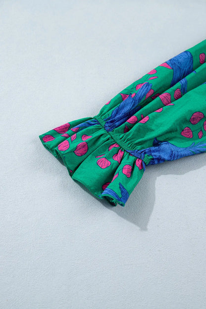 Green Abstract Print V Neck Flounced Puff Sleeve Blouse