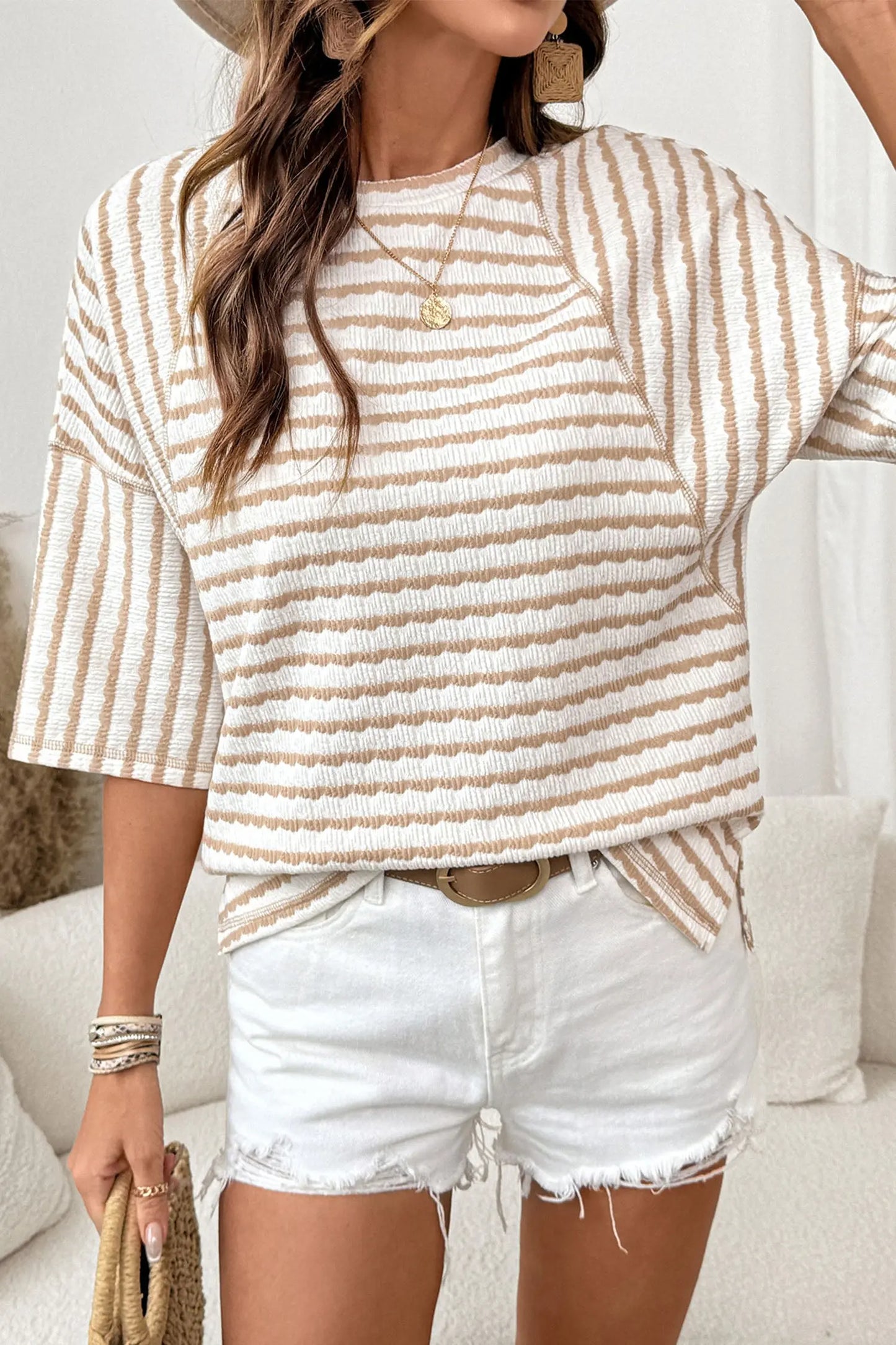 Brown Stripe Textured Knit Split Hem Half Sleeve Loose Top Dear-Lover Dropshipping