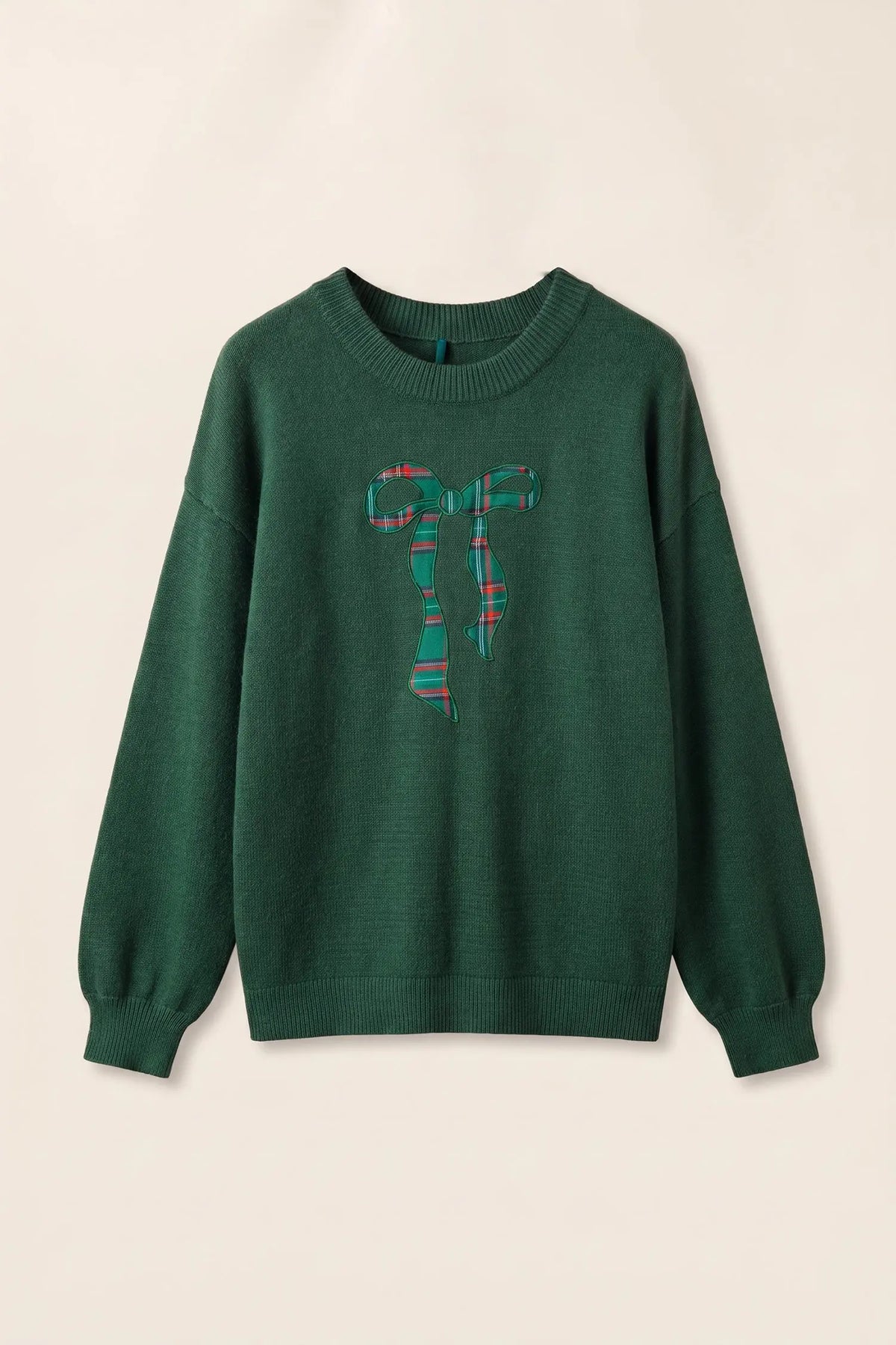 Blackish Green Plaid Bow Detail Drop Shoulder Christmas Sweater