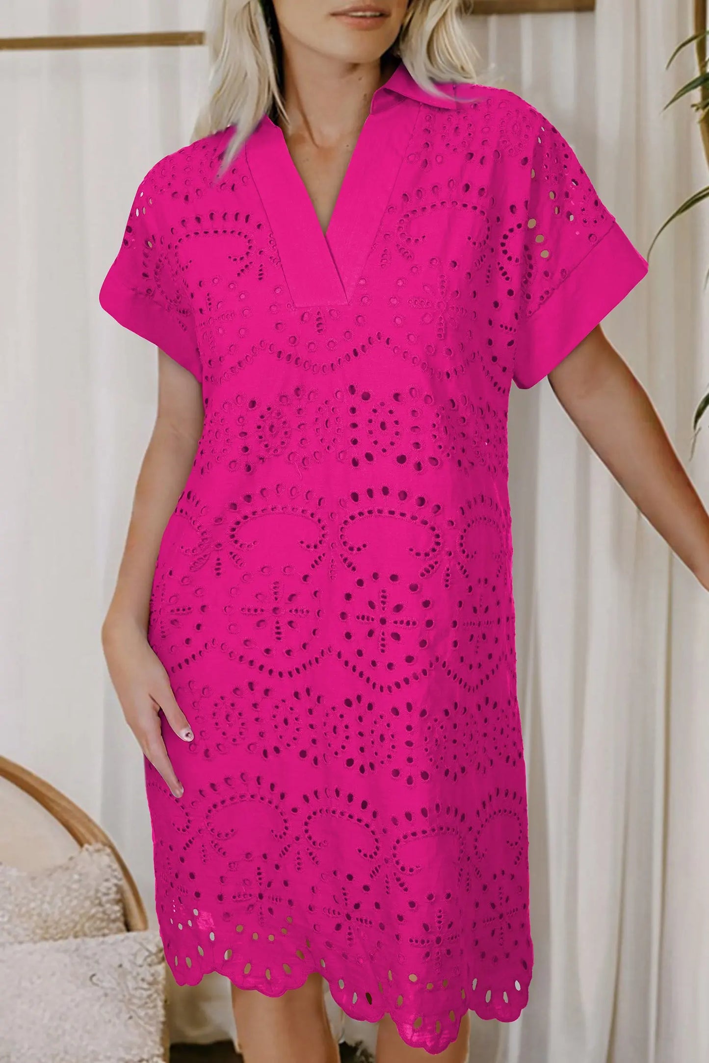 Rose Red Solid Color Eyelet Embroidered T Shirt Mini Dress