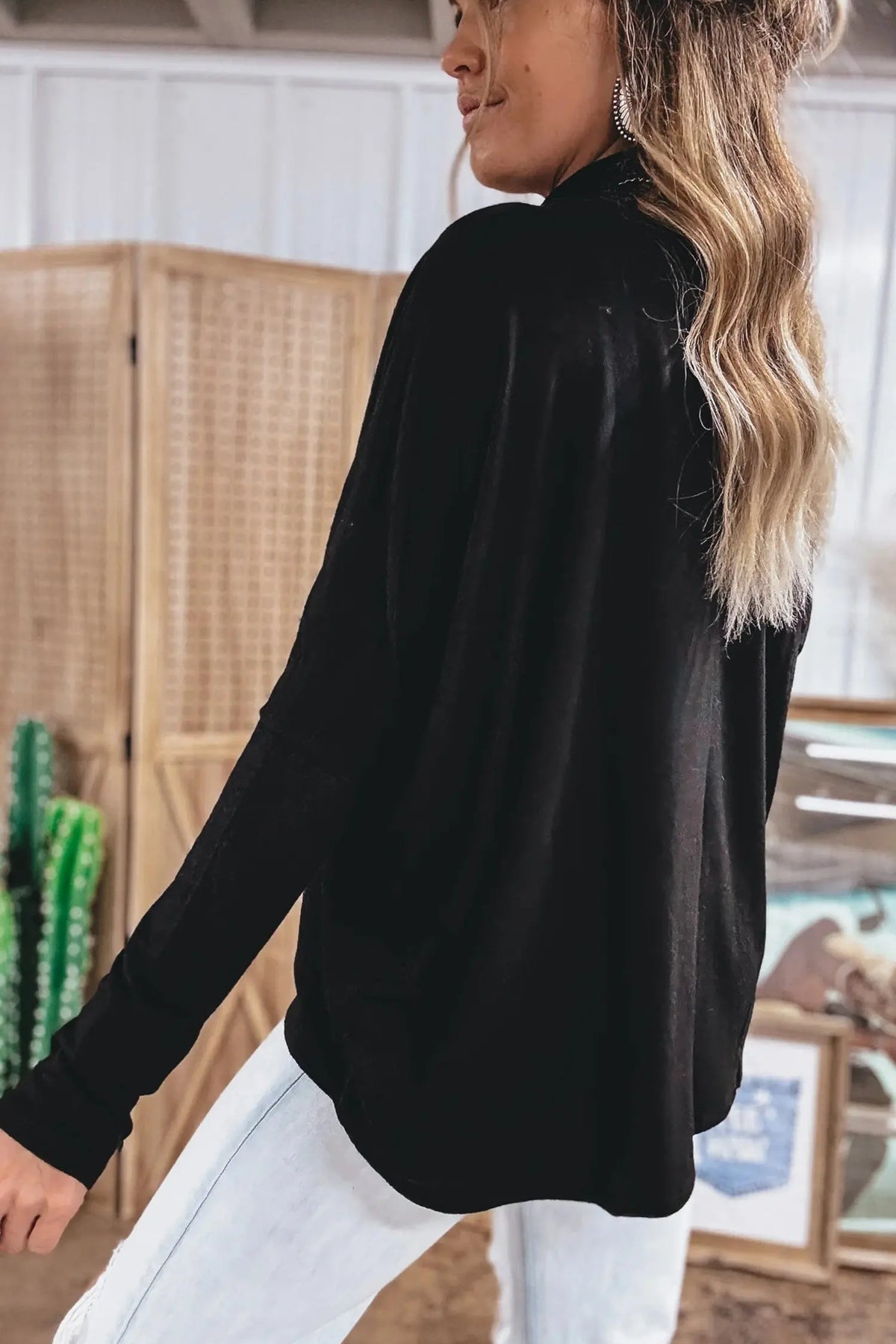 Black High Neck Long Sleeve Top side view · nz-alt-v1