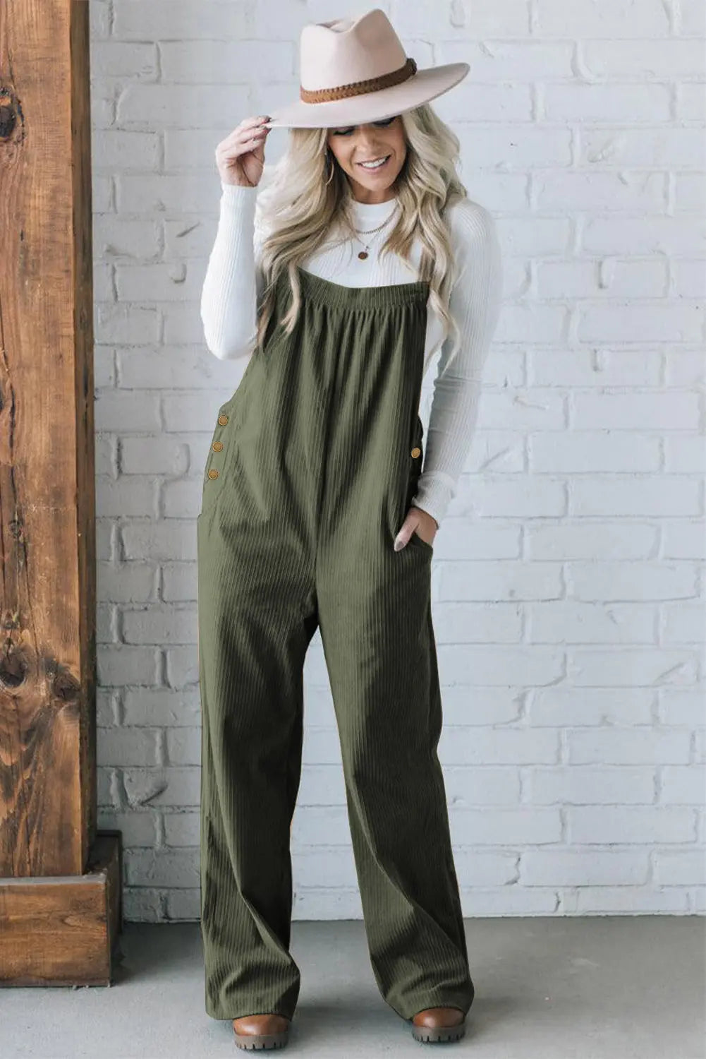 Jungle Green Button Adjustable Straps Solid Color Corduroy Jumpsuit