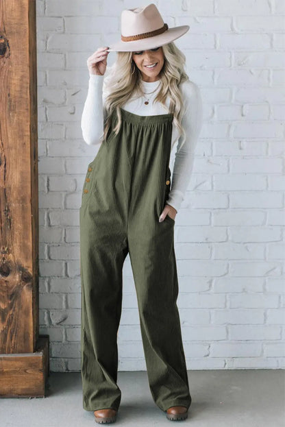 Jungle Green Button Adjustable Straps Solid Color Corduroy Jumpsuit
