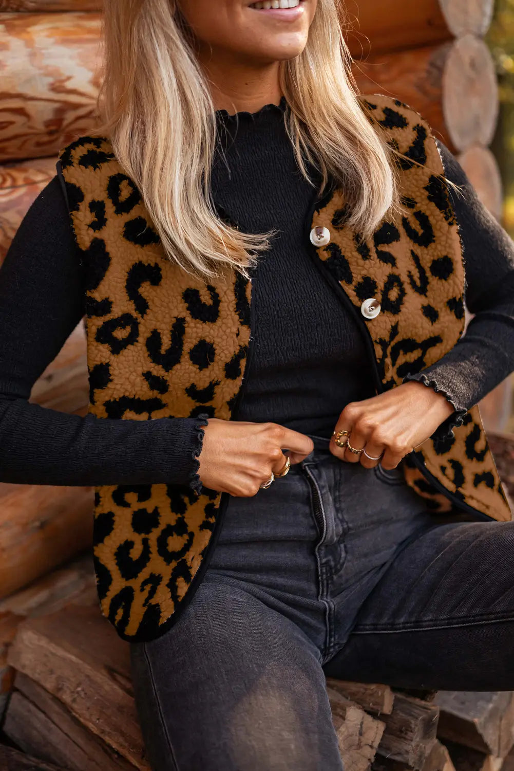 Chestnut leopard print sherpa vest coat, model front view · nz-alt-v1