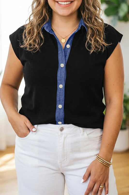 Black plus size sleeveless patchwork V neck tunic top model front view · nz-alt-v1