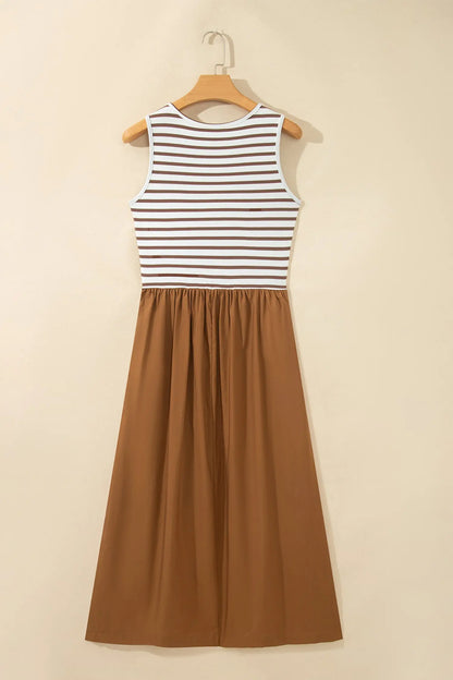 Chestnut Striped Colorblock Patchwork Sleeveless Casual Long Dress