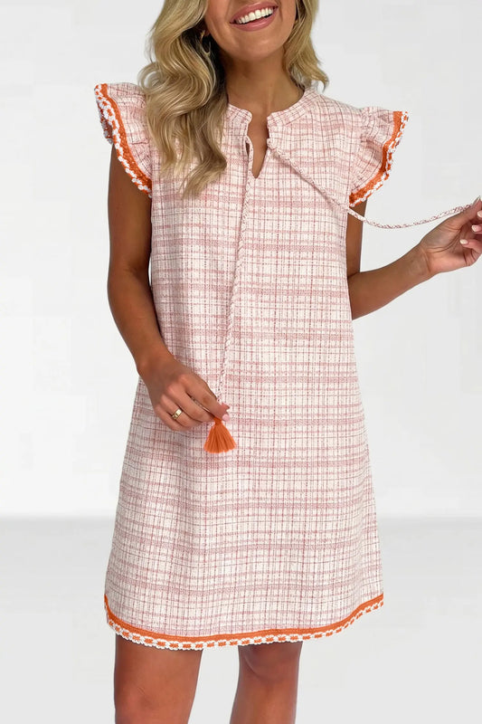 White Jacquard Textured Contrast Trim Short Sleeve Tassel Tie Shift Dress Nataliz
