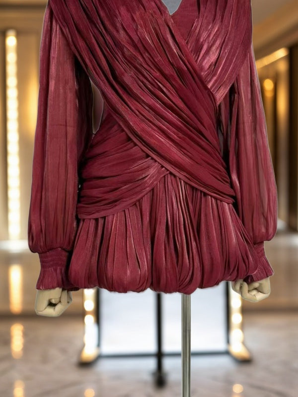Draped Bubble Hem Mini Dress with Blouson Sleeves mannequin view · nz-bg-v1