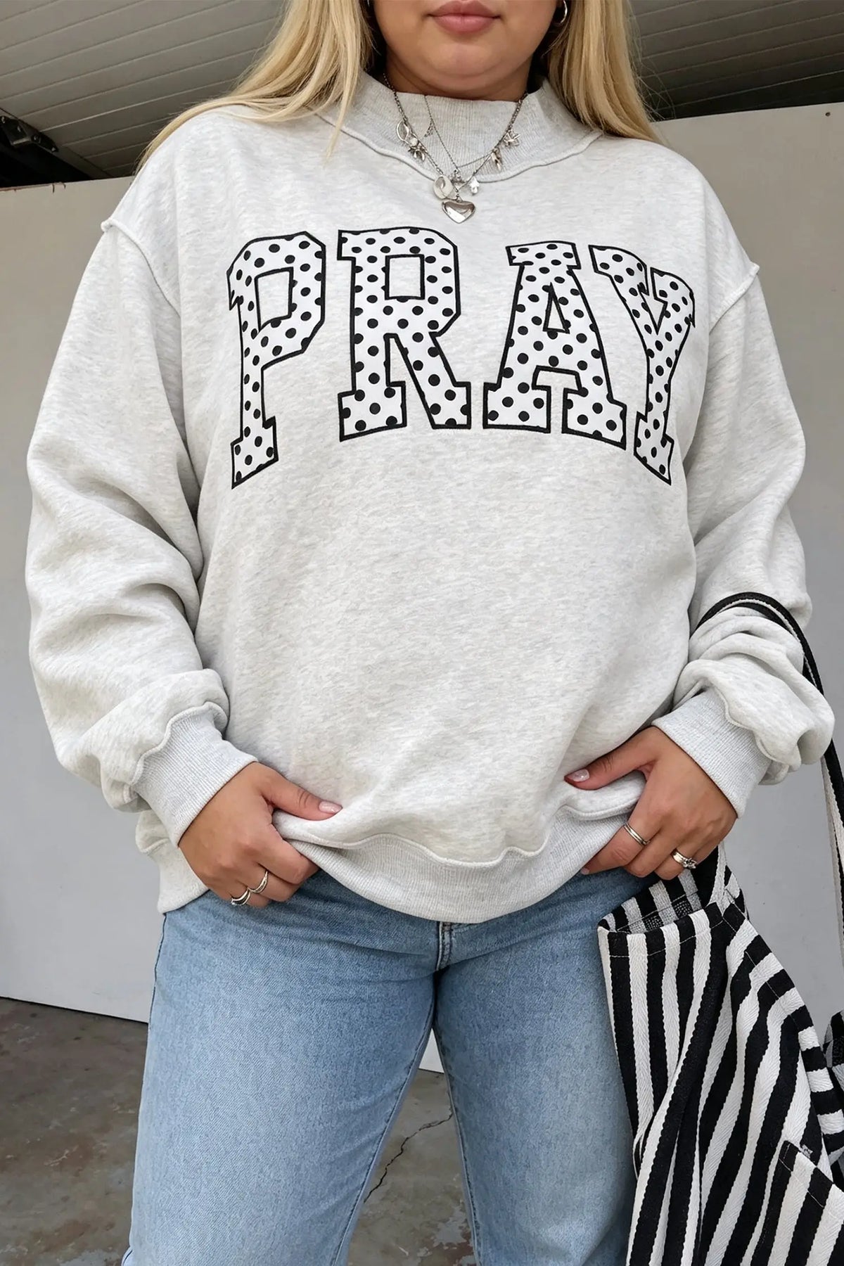 Gray PRAY Polka Dot Letter Print Mock Neck Plus Size Sweatshirt