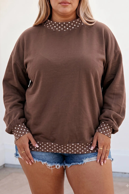 Brown polka dot patchwork sweatshirt model front view · nz-alt-v1
