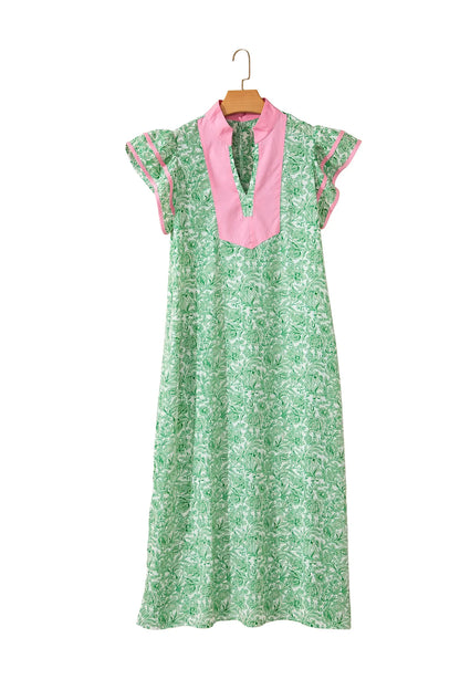 Pink Floral Print Color Block Patchwork V Neck Short Sleeve Midi Dress Nataliz