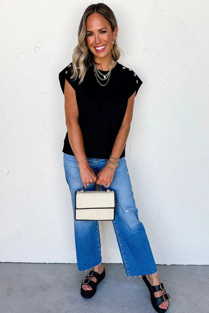 Black Casual Solid Short Sleeve Top with Metal Button Details Key Features - Tops