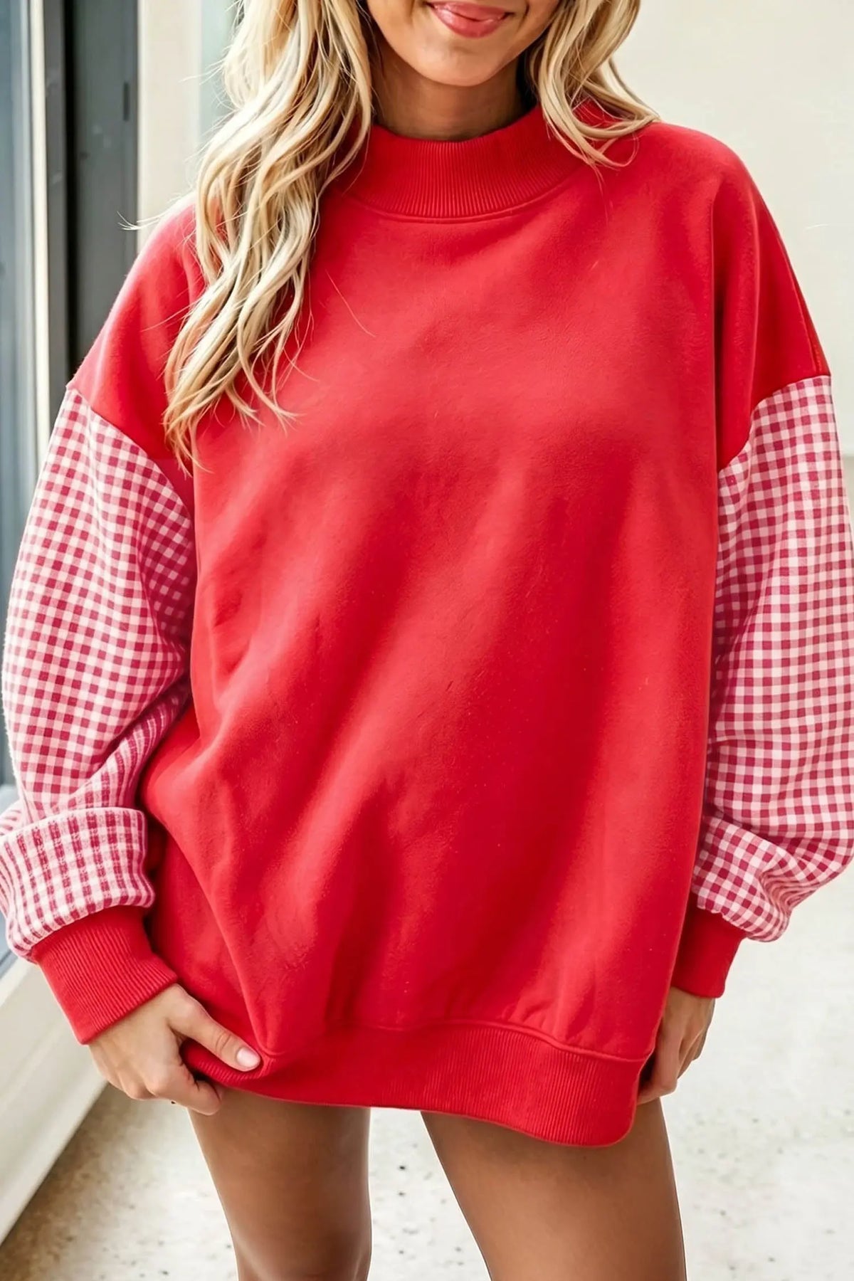 Navy Blue Plaid Sleeve Colorblock Loose Tunic Sweatshirt