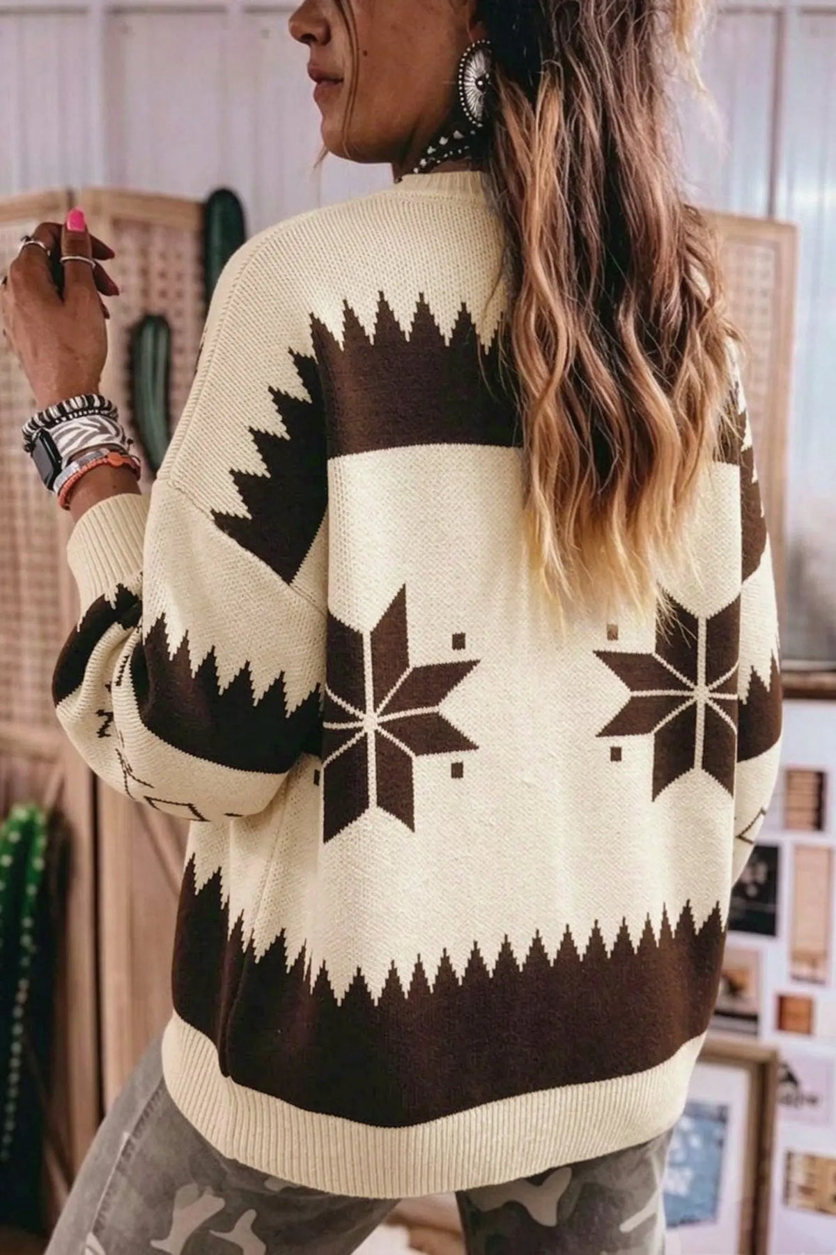 Beige Western Geometric Print Zip Front Loose Sweater Cardigan model back view · nz-alt-v1