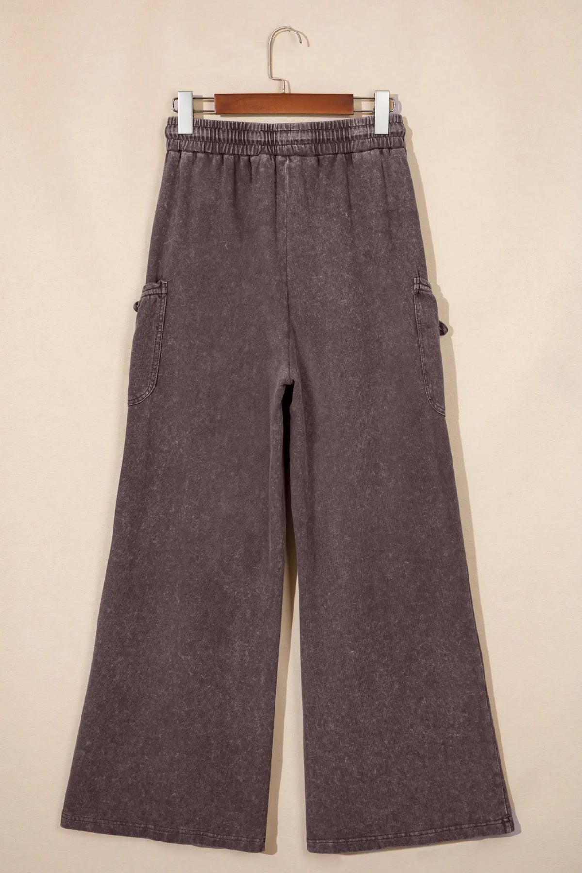 Dark Brown Cotton Mineral Wash Elastic Waist Drawstring Tie Detail Cargo Pants