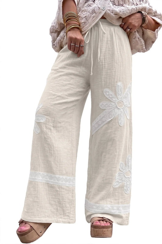 White floral lace patchwork boho wide leg casual pants model front view · nz-alt-v1