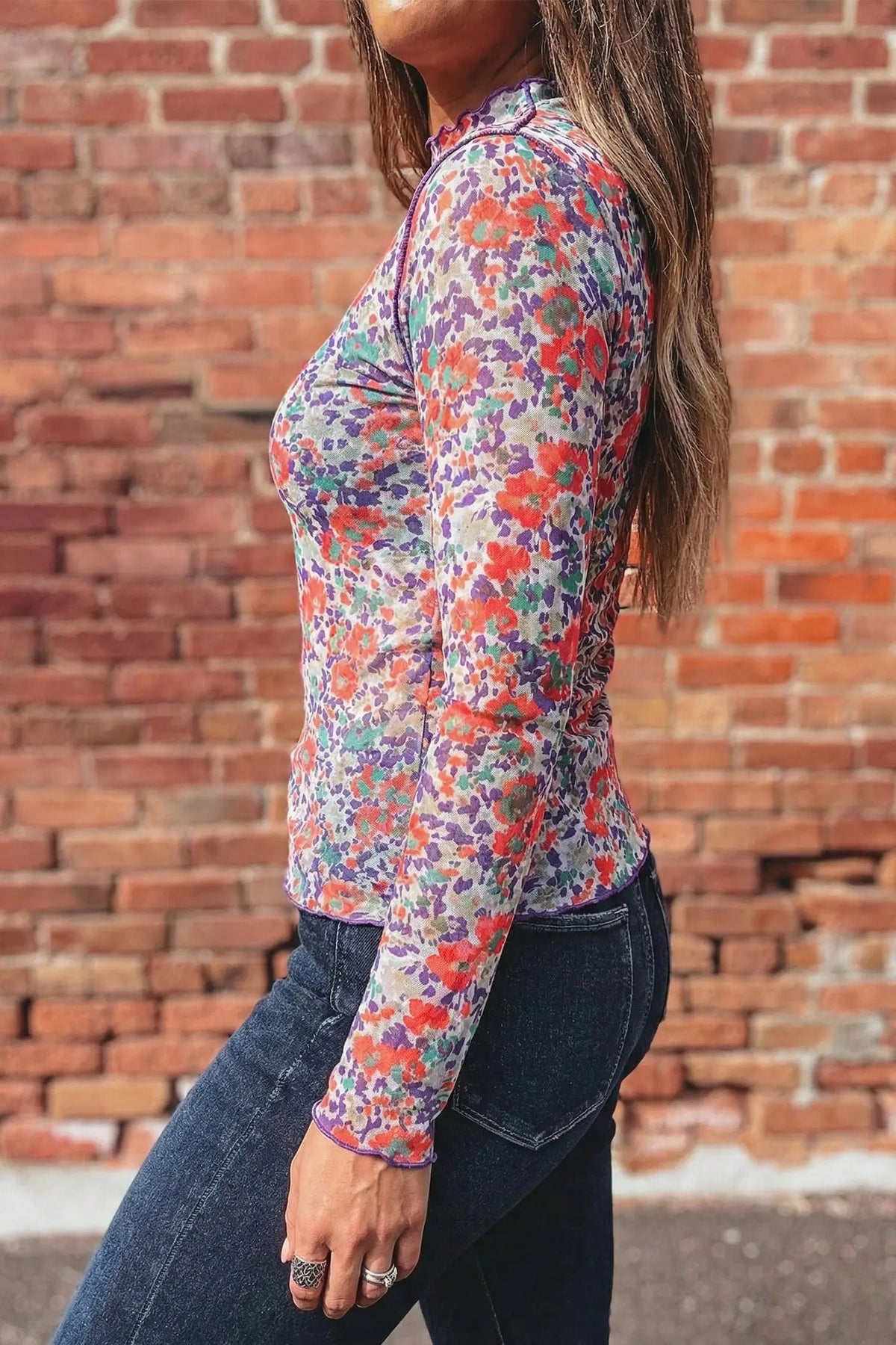 Red Floral Print Slim Fit Mesh Long Sleeve Mock Neck Top side view · nz-alt-v1