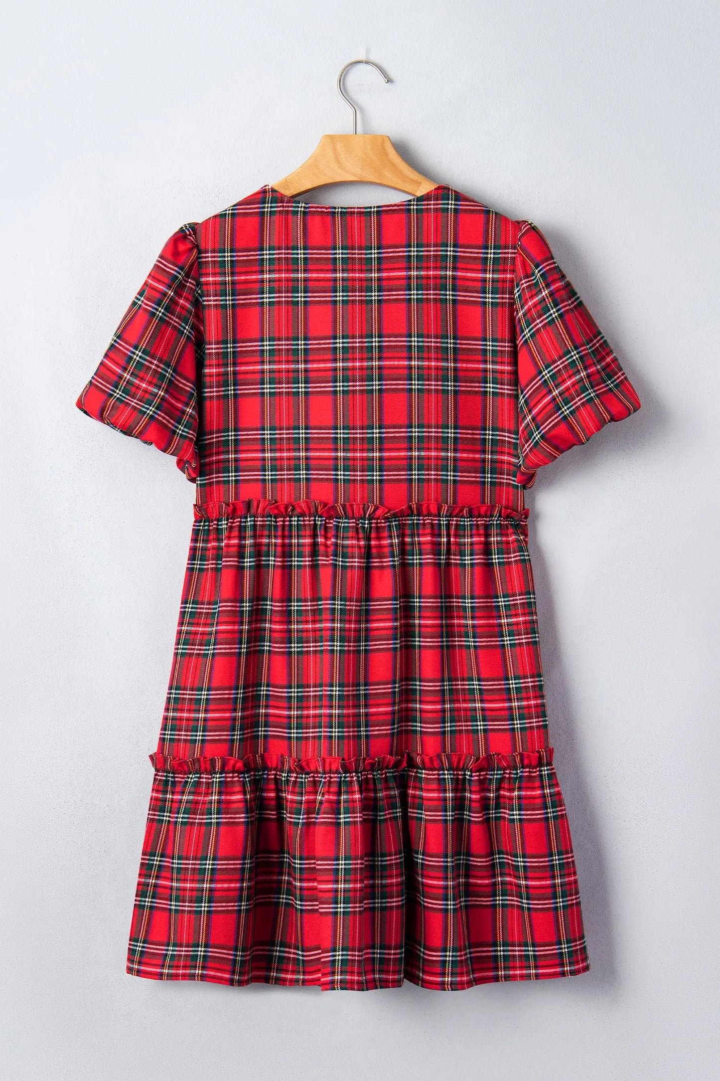 Red Plaid Knot Neck Short Sleeve Mini Shift Dress