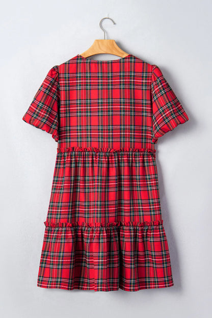 Red Plaid Knot Neck Short Sleeve Mini Shift Dress