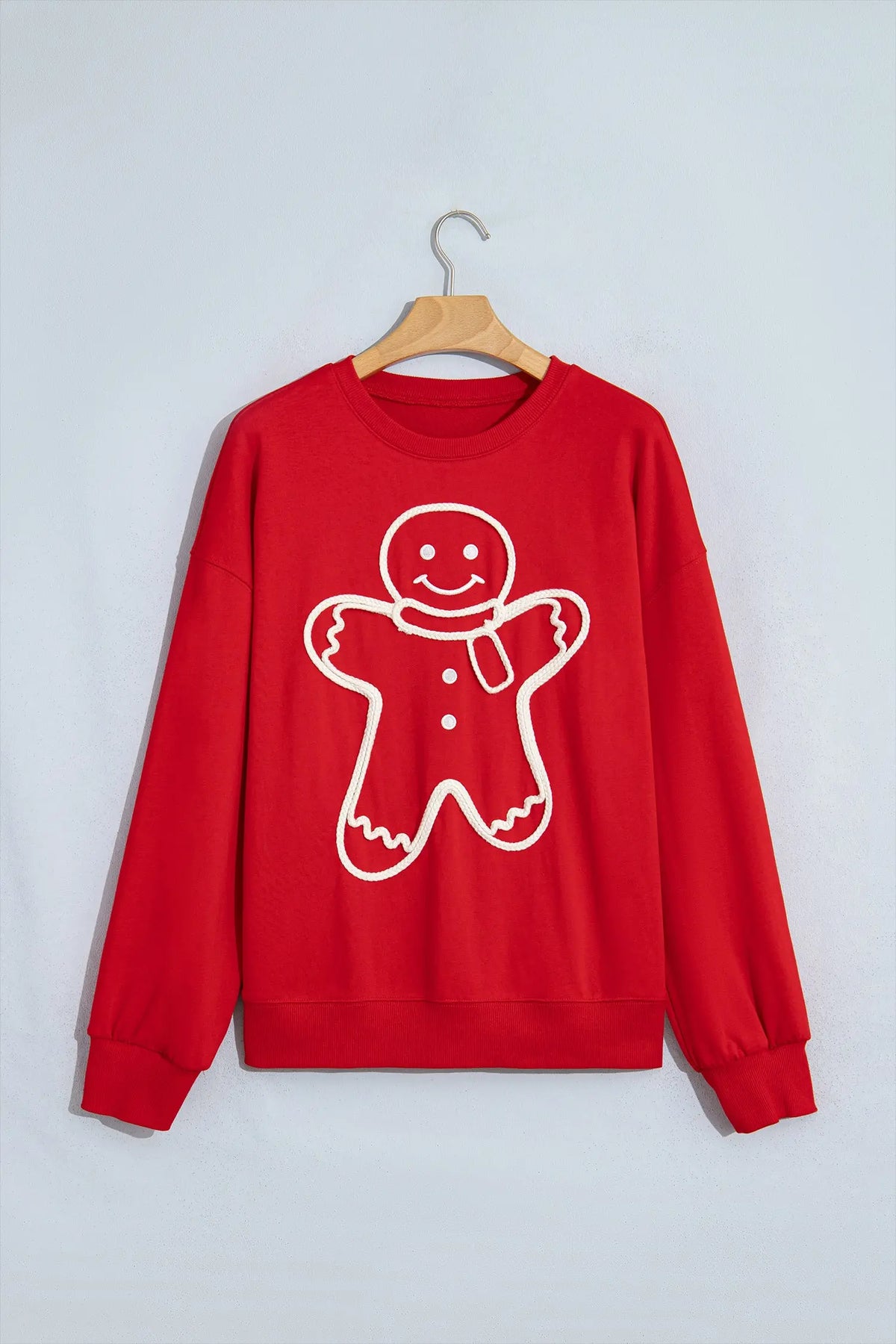 Fiery Red Christmas Embroidered Long Sleeve Casual Round Neck Loose Fit Sweatshirt