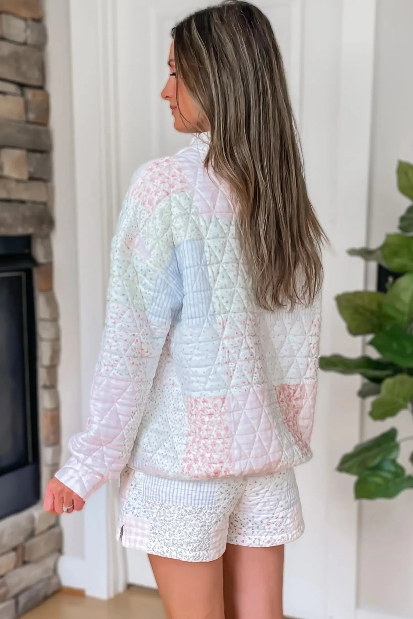 Multicolour Floral Quilted Mock Neck Top and Short Set