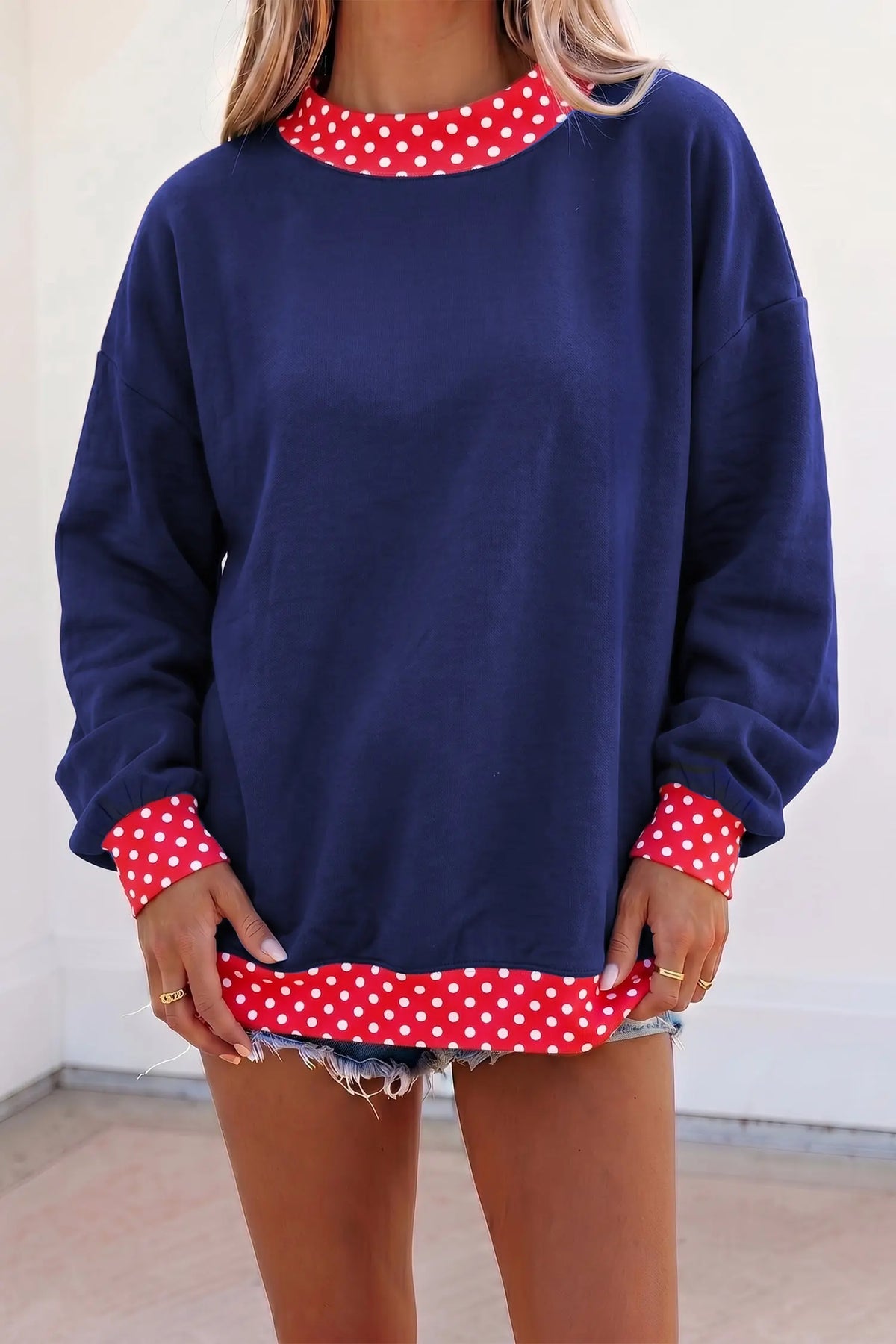 Tillandsia Purple Colorblock Polka Dot Contrast Trim Oversized Sweatshirt