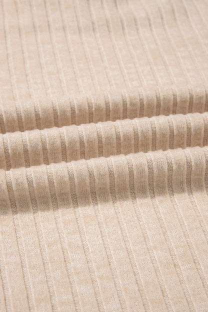 Apricot Solid Color Ribbed Knit Cowl Neck Long Sleeve Top