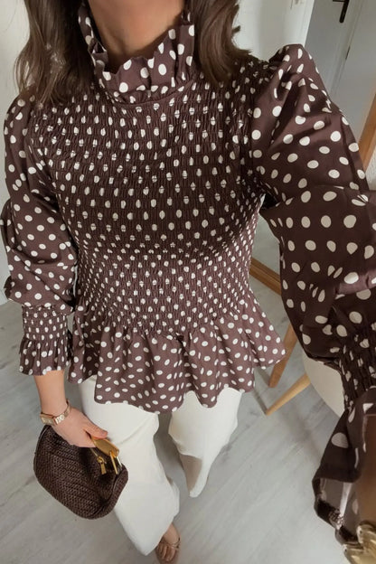 Brown Polka Dot Ruffled High Neck Shirred Ruffle Hem Blouse