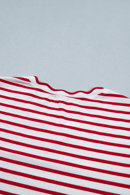 Red Stripe Scallop Trim Casual Top 2pcs Short Set