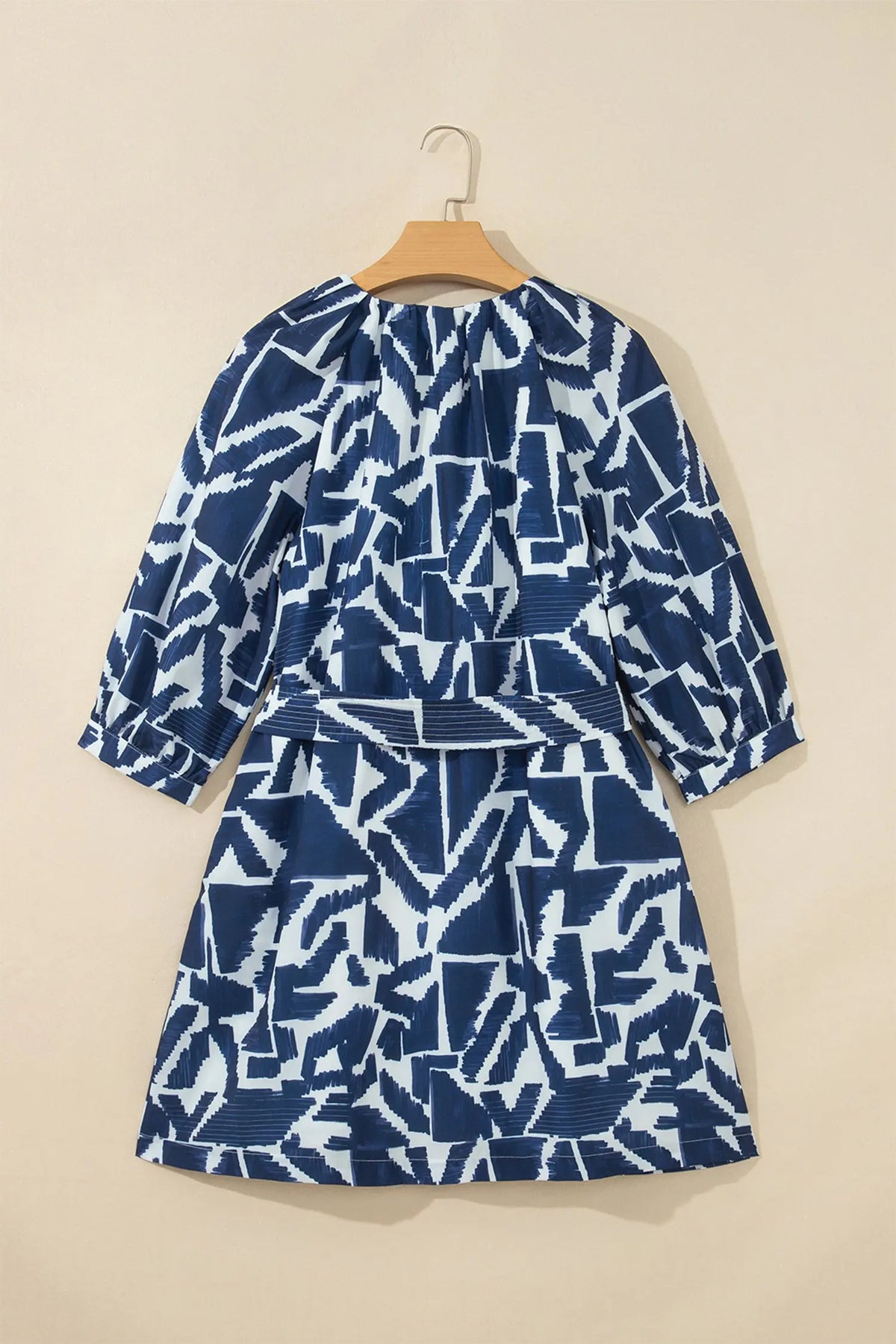 Blue Abstract Geometric Print Zip Front Tie Waist Shift Dress back hanging view · nz-alt-v1
