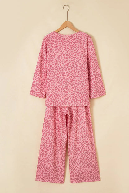 Apricot Leopard Print Varsity Striped Detail 3/4 Sleeve Top Shift Pant Set