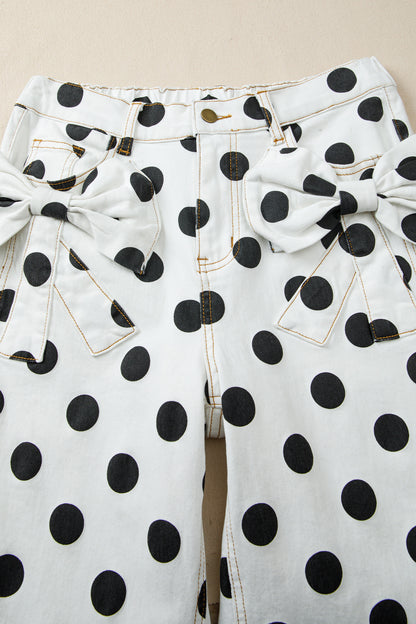 Sky Blue Polka Dot Print Bow Detail Pocketed Jeans