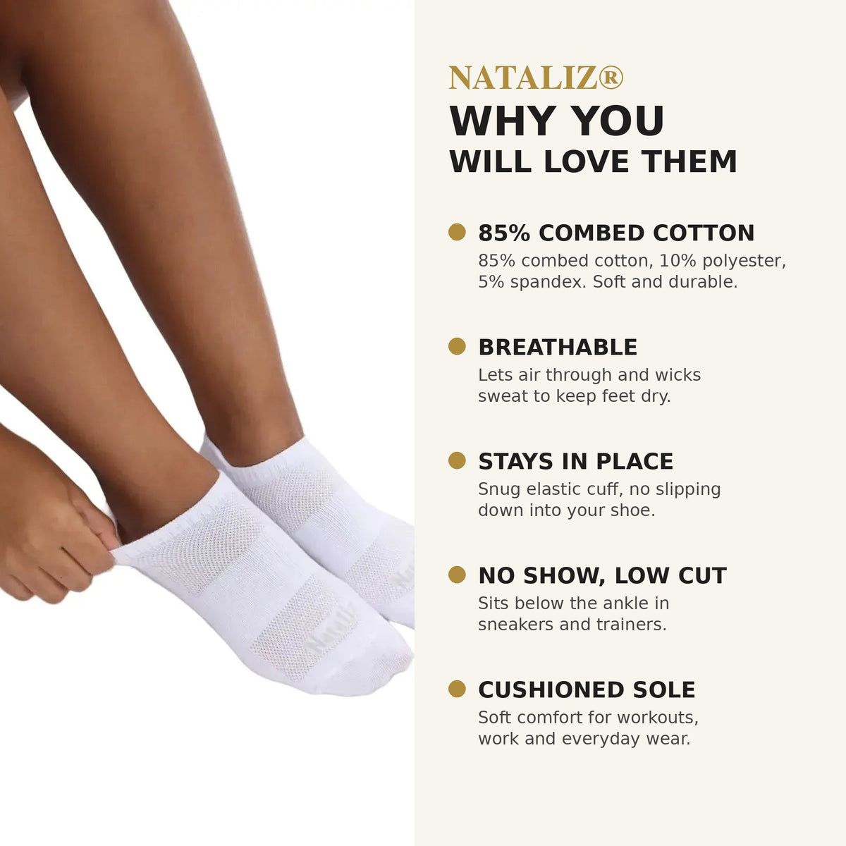 Nataliz® white ankle socks features: 85% combed cotton, breathable, stays in place, cushioned