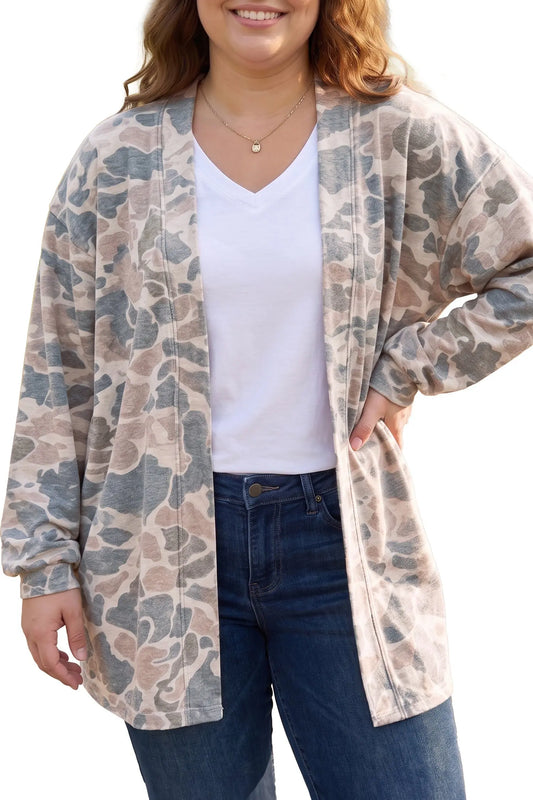 Multicolour retro camouflage print plus size open tunic cardigan model front view · nz-alt-v1