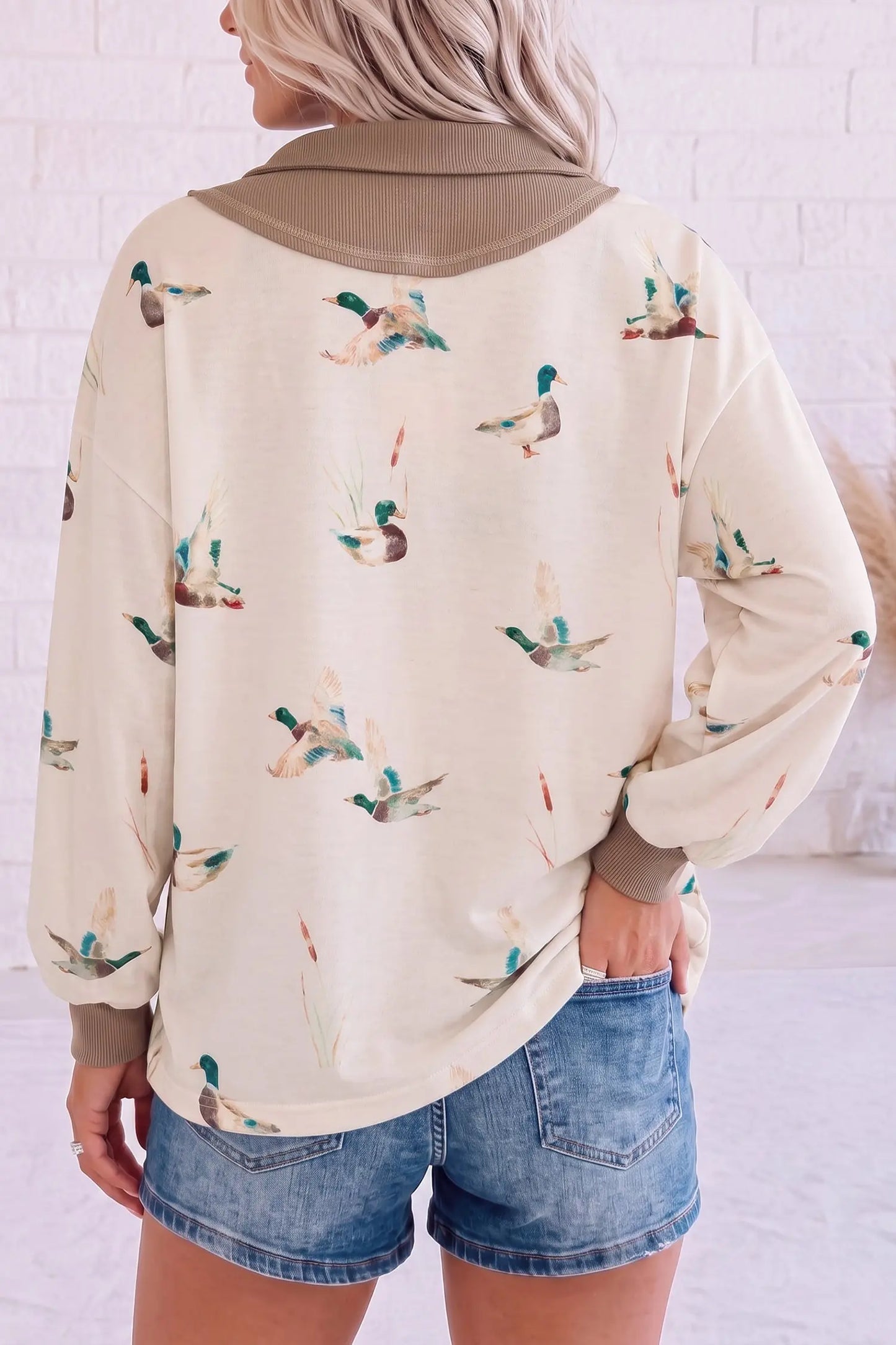Beige Wild Mallard Print Color Block Patchwork Zip Neck Tunic Top