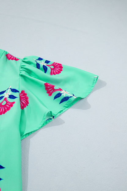 Green Floral V Neck Flutter Sleeve Blouse
