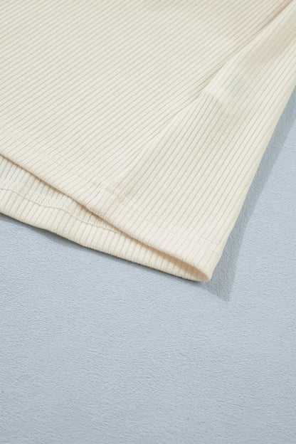 Beige Denim Patchwork Short Sleeve Ribbed Shirt Nataliz