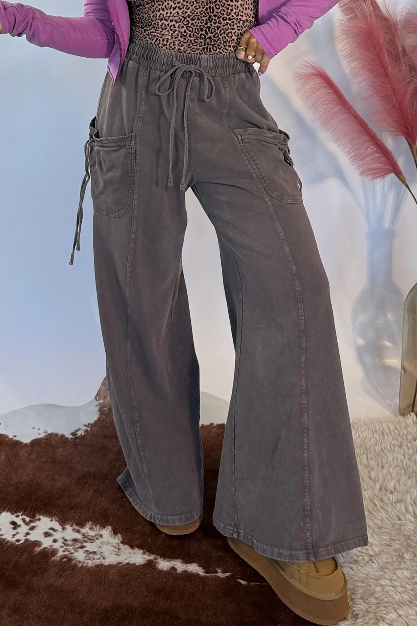 Dark Brown Cotton Mineral Wash Elastic Waist Drawstring Tie Detail Cargo Pants