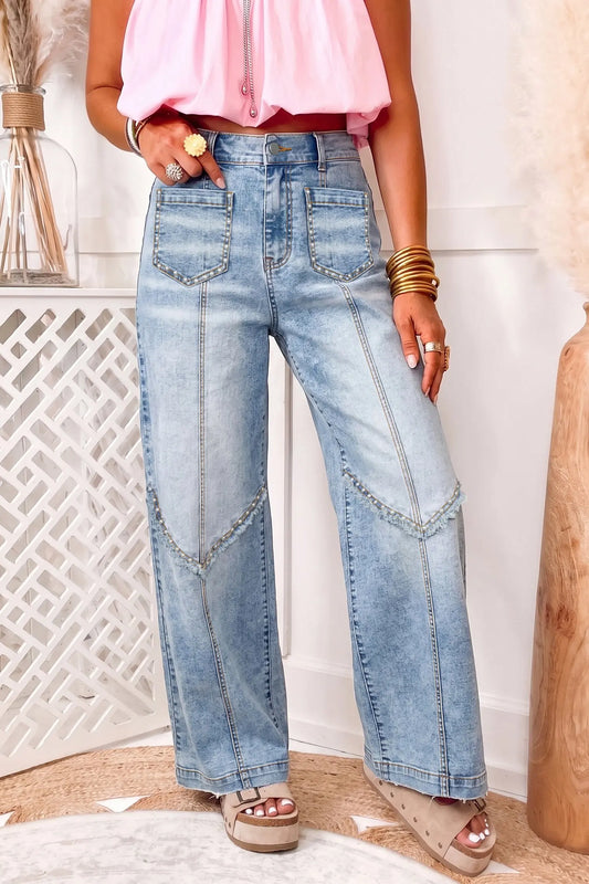 Beau Blue Frayed Studded Detail Wide Leg Pocketed Jeans model front view · nz-alt-v1