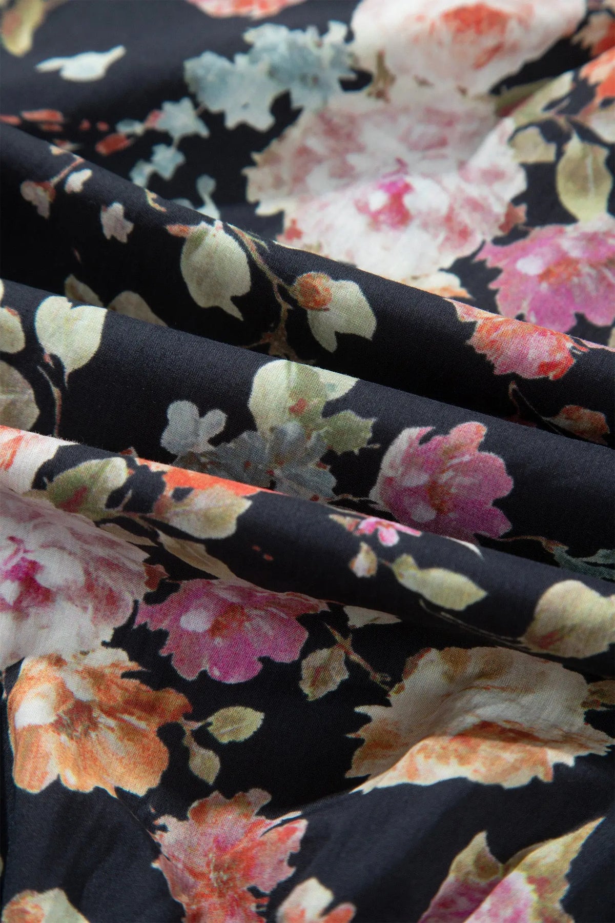 Black Floral Print Contrast Trim Tie V Neck Bracelet Sleeve Blouse detail view · nz-alt-v1