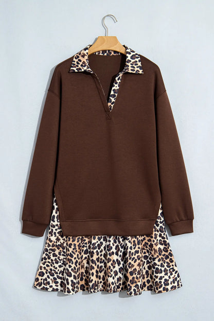 Coffee Leopard Patchwork Collar Long Sleeve Dress